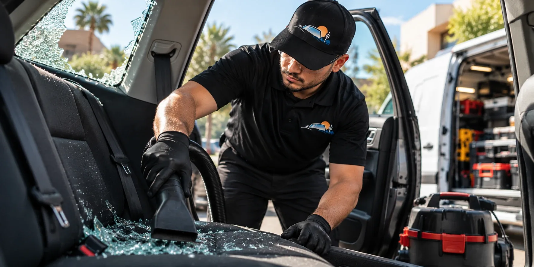 Auto Glass of San Rafael technician vacuuming shattered glass off a back seat after a break-in