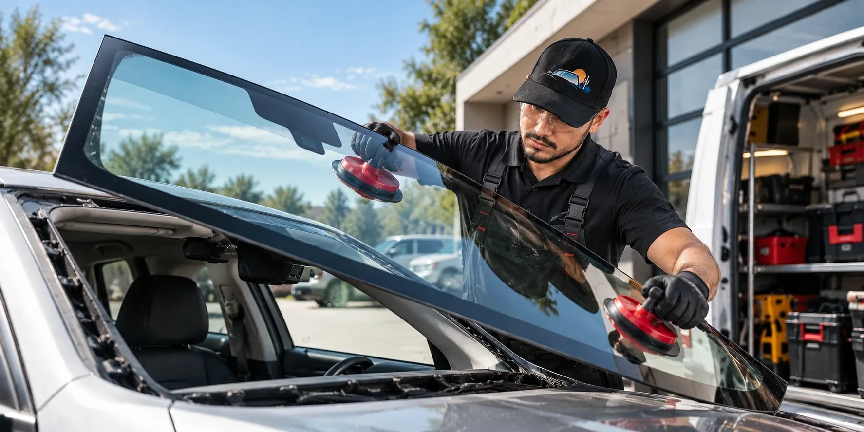Auto Glass of San Rafael technician lowering a new windshield into place with suction cups beside the mobile service van